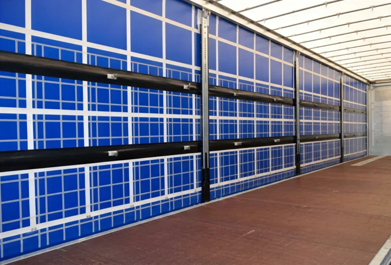 Binnenzijde van een oplegger met Power Curtain: versterkt schuifzeil met geïntegreerde banden voor ladingzekering
